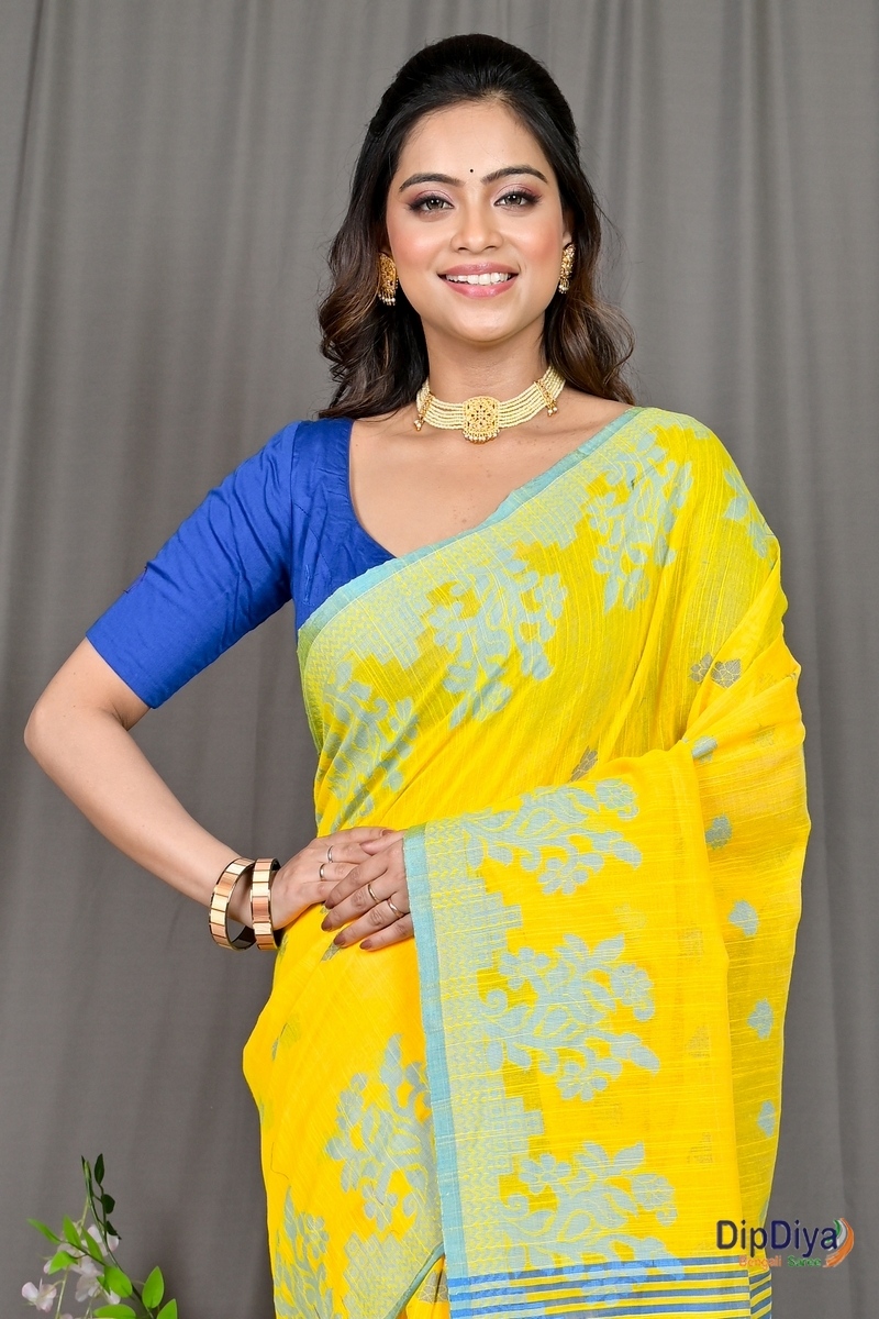 Yellow Blue Cotton Blended Parup Hand Loom Saree (556)